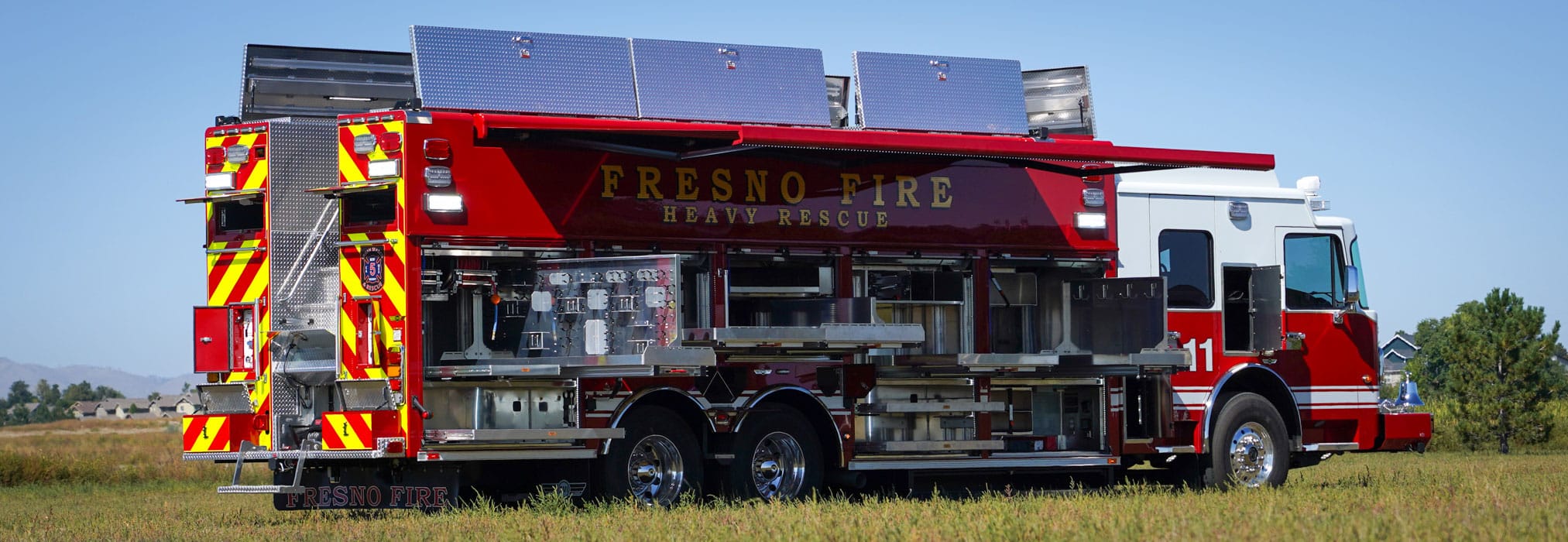 curbside rear view of Fresno's new heavy rescue with doors open