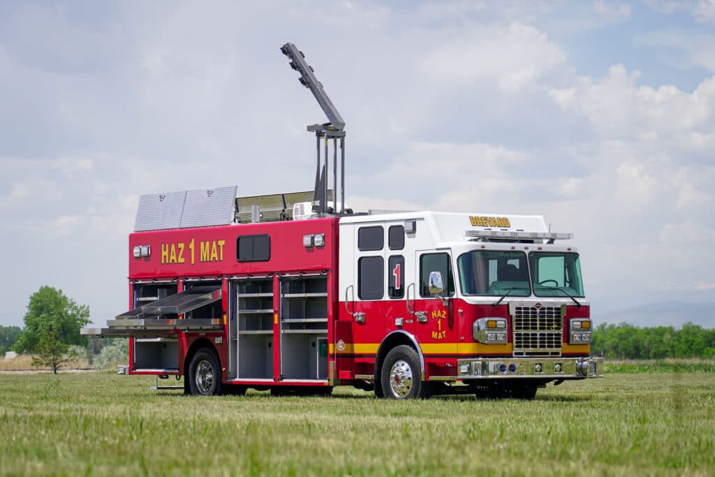 curbside front open view of Brevard County Fire Rescue walk-in hazmat mobile command center