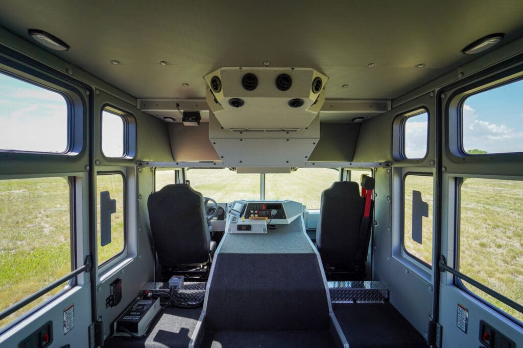 interior cab of Brevard County Fire Rescue walk-in hazmat mobile command center