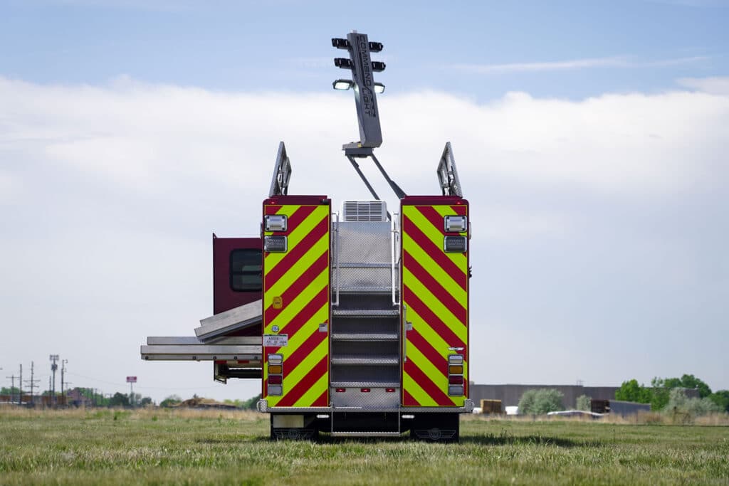 rear of Brevard County Fire Rescue walk-in hazmat mobile command center with OnScene slides open